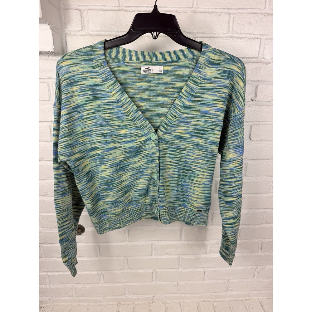Hollister Womens L Green Blue Space Dye Cropped Cardigan Sweater NWT